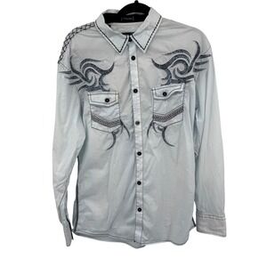 Roar Signature Pure II Shirt Mens Medium Blue Tribal Embroidered Biker